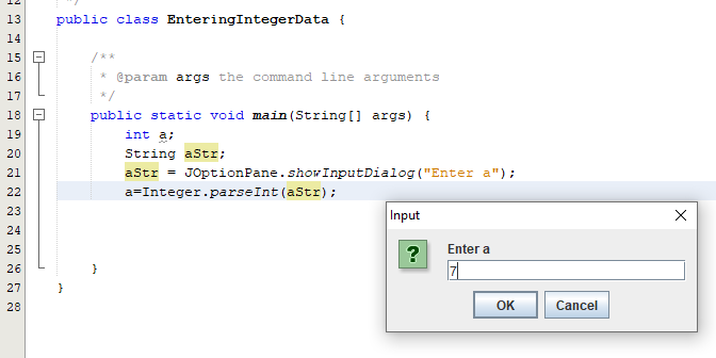 Input dialog. Input dialogue. Entering integer data. Convert from text to integer.