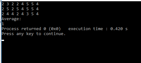 Two dimensional array in c: Calculating the average-execution of the console application
