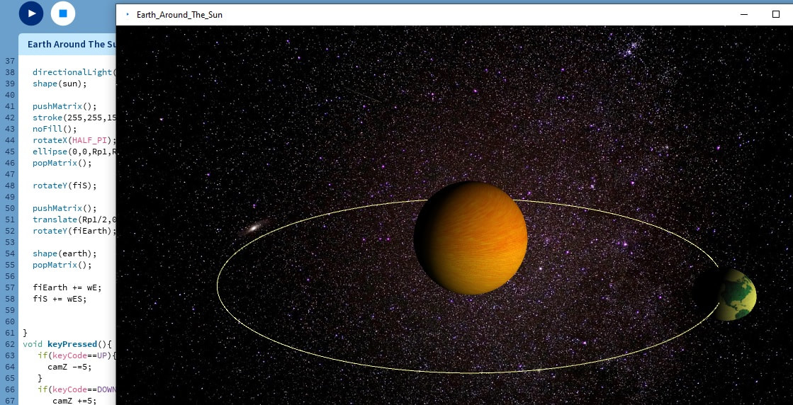 Processing 3D: Animation of the movement of the Earth around the Sun. Run Apllication