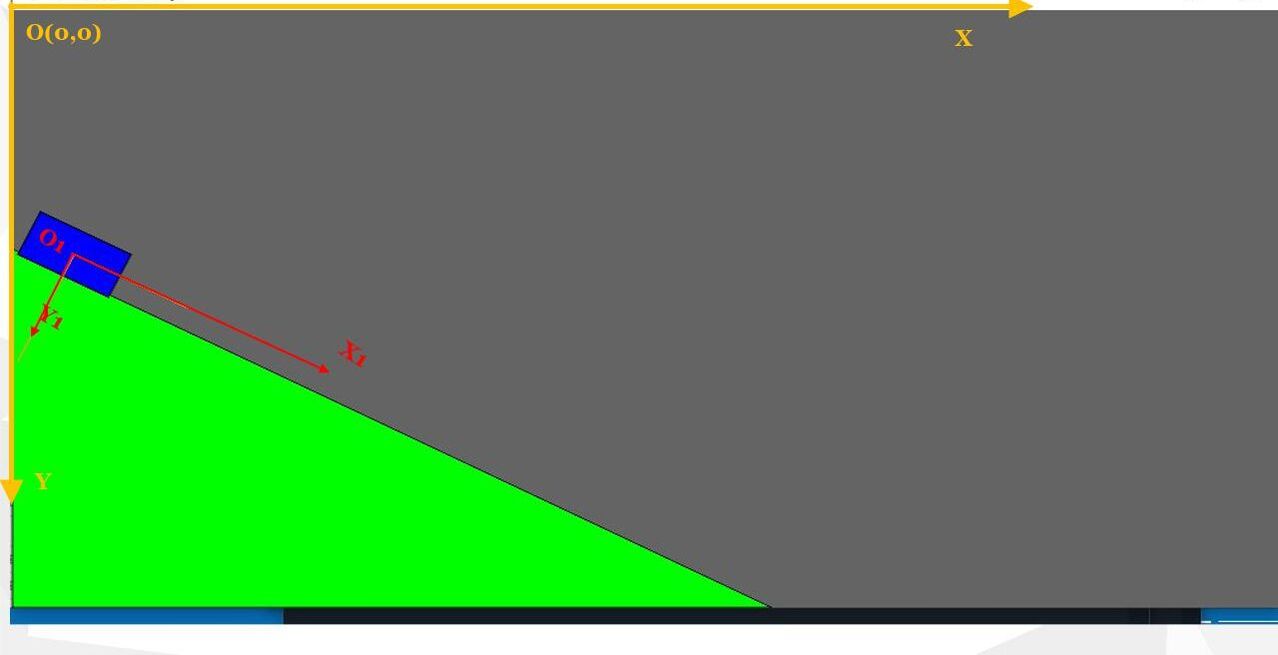 Animation of a body sliding down an inclined plane in processing. Moving coordinate system