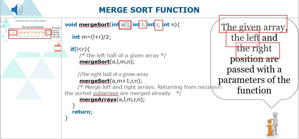 Merge-sort. Dividing into smaller arrays. Function mergeSort
