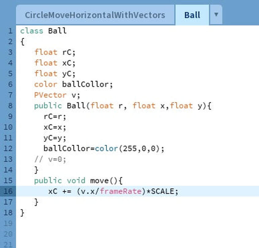 Processing Java example - Horizontal Ball Movement. Ball Class