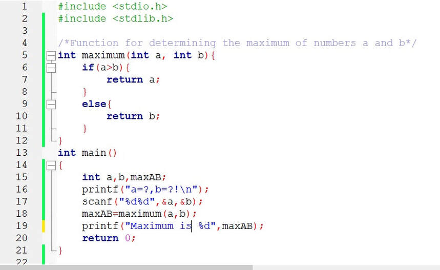 Function for determining the maximum of numbers a and b. Code in C programming language
