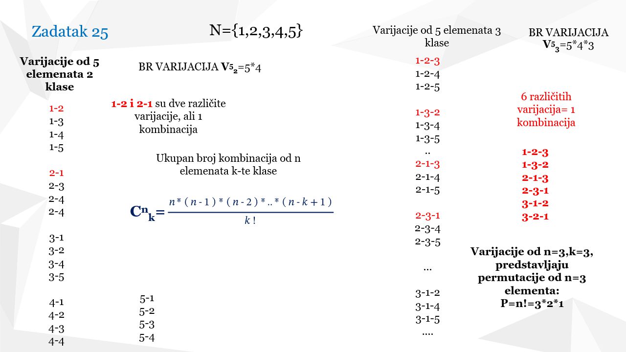 Kombinatorika: Varijacije i kombinacije bez ponavljanja, od n elemenata, k-te klase na primeru